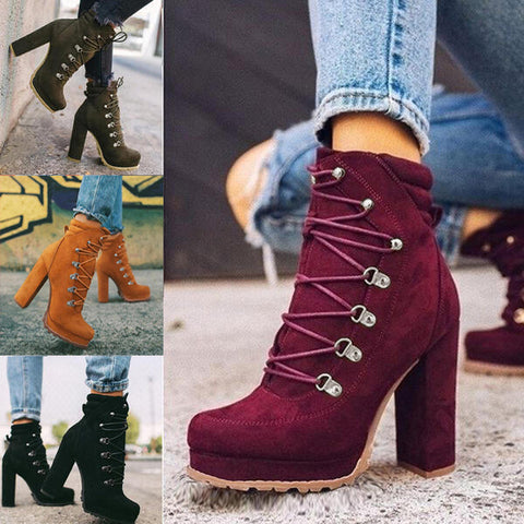 Heeled Boots For Women Round Toe Lace UP High Heels Boots Mid Calf Shoes Heeled Boots For Women Round Toe Lace UP High Heels Boots Mid Calf Shoes