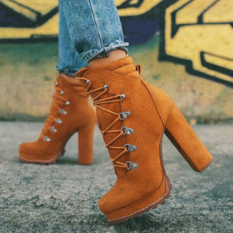 Heeled Boots For Women Round Toe Lace UP High Heels Boots Mid Calf Shoes Heeled Boots For Women Round Toe Lace UP High Heels Boots Mid Calf Shoes