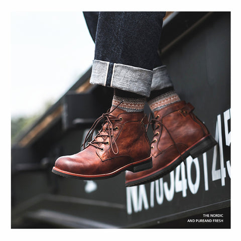 Retro Boots Men Lace-up Leather Ankle Boots Low Heel Motorcycle Shoes Retro Boots Men Lace-up Leather Ankle Boots Low Heel Motorcycle Shoes