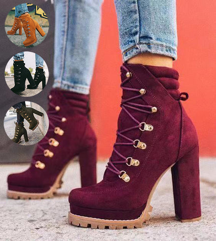 Heeled Boots For Women Round Toe Lace UP High Heels Boots Mid Calf Shoes Heeled Boots For Women Round Toe Lace UP High Heels Boots Mid Calf Shoes