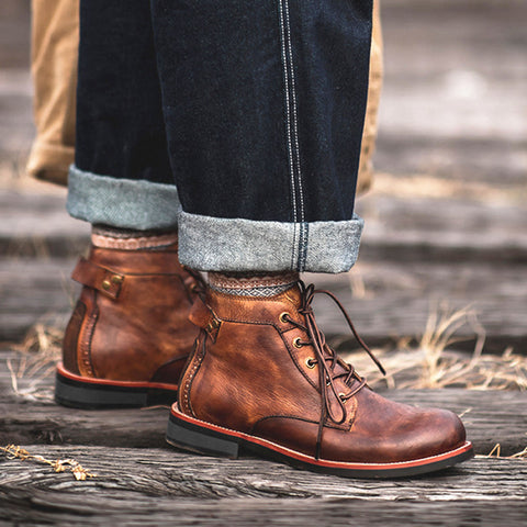 Retro Boots Men Lace-up Leather Ankle Boots Low Heel Motorcycle Shoes Retro Boots Men Lace-up Leather Ankle Boots Low Heel Motorcycle Shoes