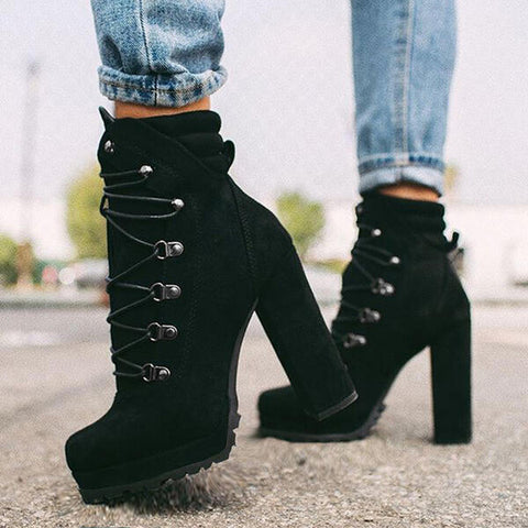 Heeled Boots For Women Round Toe Lace UP High Heels Boots Mid Calf Shoes Heeled Boots For Women Round Toe Lace UP High Heels Boots Mid Calf Shoes