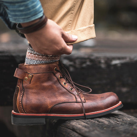 Retro Boots Men Lace-up Leather Ankle Boots Low Heel Motorcycle Shoes Retro Boots Men Lace-up Leather Ankle Boots Low Heel Motorcycle Shoes