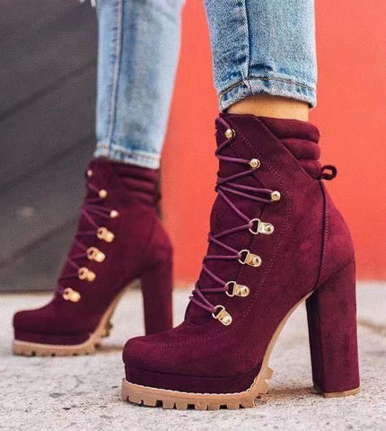 Heeled Boots For Women Round Toe Lace UP High Heels Boots Mid Calf Shoes Heeled Boots For Women Round Toe Lace UP High Heels Boots Mid Calf Shoes