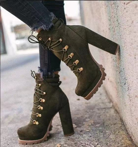Heeled Boots For Women Round Toe Lace UP High Heels Boots Mid Calf Shoes Heeled Boots For Women Round Toe Lace UP High Heels Boots Mid Calf Shoes