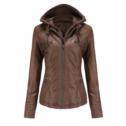 PU Leather Jacket Woman 2022 Hooded Fur Lining Coat Female Slim Women's Leather Motorcycle Hoodies