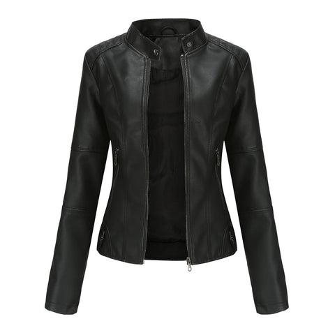 Faux Pu Leather Jackets Women Spring Autumn Outerwear Pocket Zipper Coat Slim Fitted Jacket Red Black Femme Clothing