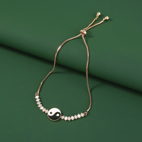 Brass Gold Plated Tai Chi Yin Yang Pendant Micro-set Zircon Shrink Pulled Copper Bead Bracelet