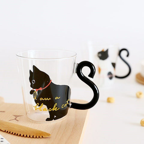 Kitchen Home Cute Cat Glass Juice Coffee Cup Milk Tea Coffee Glass Mug Cat Tail Handle Cat Valentine's Day Lover Gifts Stainless Spoon