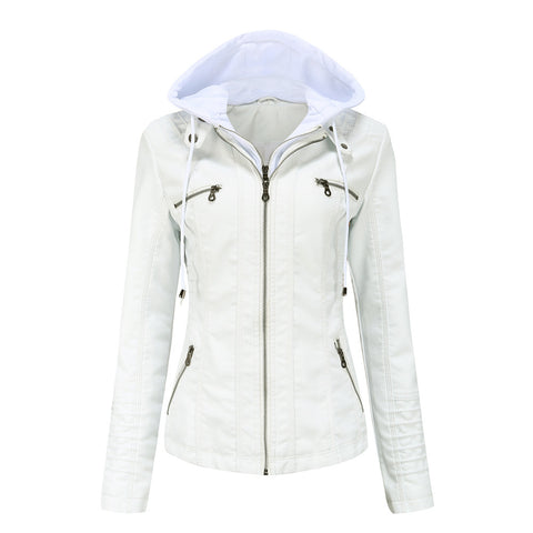 PU Leather Jacket Woman 2022 Hooded Fur Lining Coat Female Slim Women's Leather Motorcycle Hoodies