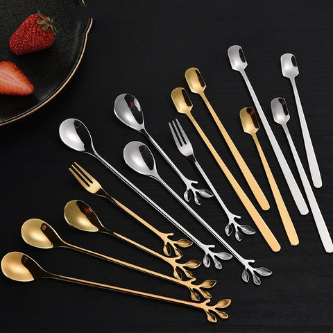 Stainless Steel Leaf Spoon Long Handle Square Head Small Tea  Honey Coffee