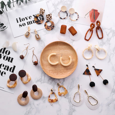 Simple and stylish acrylic geometric leopard stud earrings wooden earrings