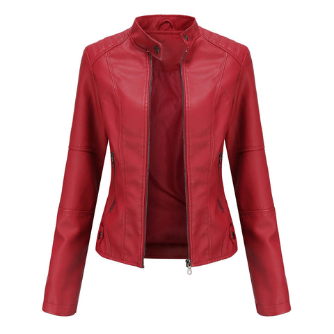 Faux Pu Leather Jackets Women Spring Autumn Outerwear Pocket Zipper Coat Slim Fitted Jacket Red Black Femme Clothing