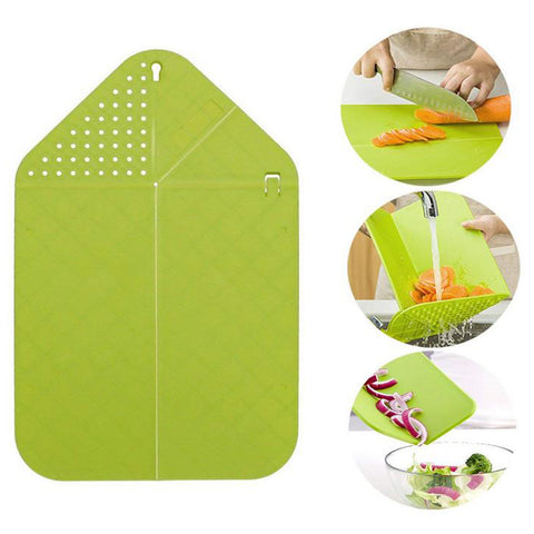 Plastic 2 in 1 Cutting Board and Drainer, Foldable Chopping Mat, with Hanging hole and Safety Lock, Bright Green