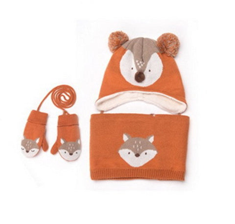 Autumn Winter Children Plus Velvet Hat Scarf Set Baby Lovely Cartoon Fox Print Knitted Hat Kids Collar Boy Girl Neck Warmer