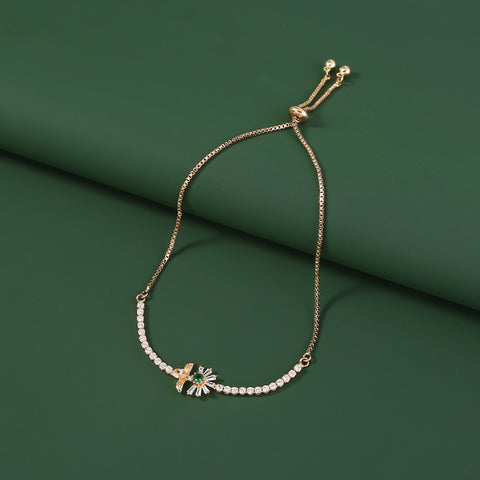 Copper Bee Chrysanthemum Gold Plated White Zircon Adjustable Pull Bracelet
