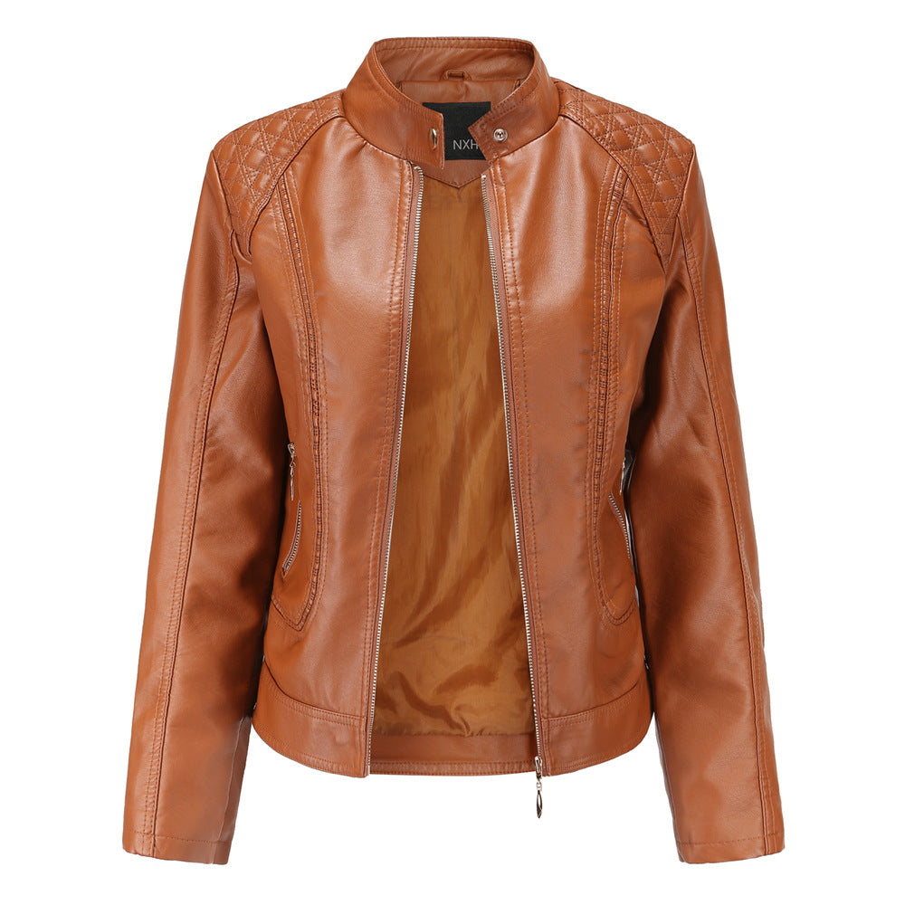 2022 Leather Jacket Women Zippers Spring Autumn Women's PU Leather Jacket Mandarin Collar Red Motor Biker Coat Female Oversized