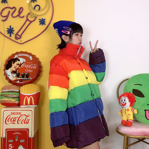 Rainbow contrast color thick long-sleeved cotton coat women's jacket