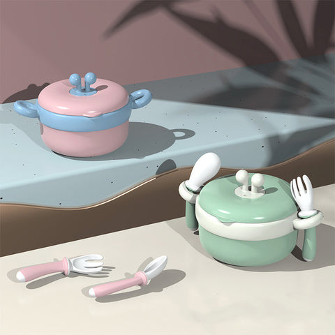 Baby Tableware Stainless Steel Bowl Baby Water Infusion Heat Preservation Bowl Supplementary Food Bowl Suction Cup Spoon Set