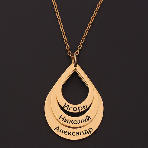 Personalized Family Necklaces Customized Engraved 3 Names Water Drop Pendant