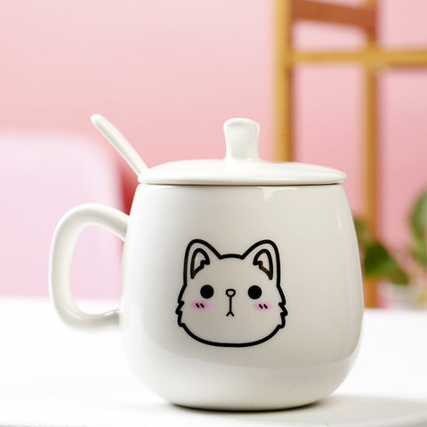 Cute Expression Ceramic Mug With Lid Spoon Water Cup Tea Cup Women's Coffee Cup