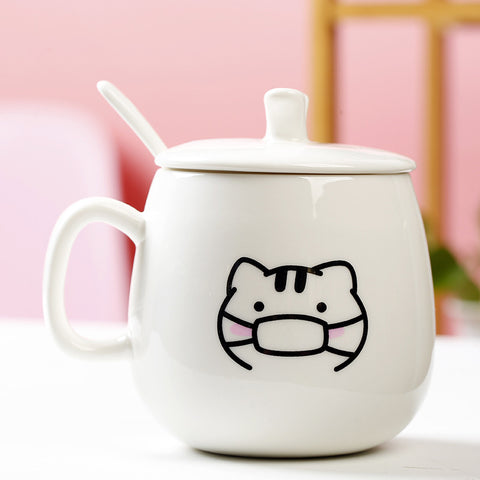 Cute Expression Ceramic Mug With Lid Spoon Water Cup Tea Cup Women's Coffee Cup