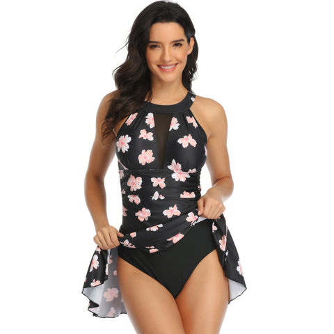 One-Piece Swimsuit Large Size Mesh Skirt Multicolor Printed Swimsuit