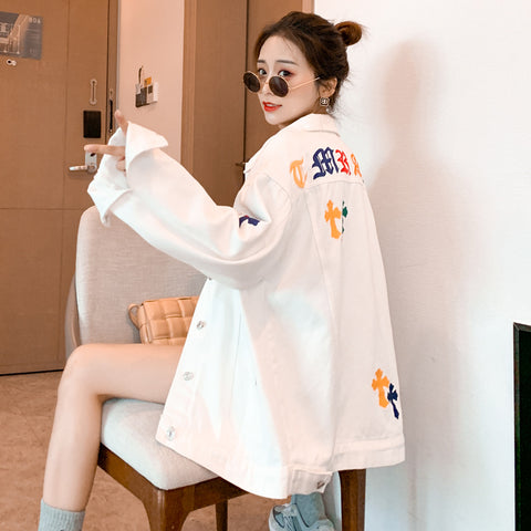 Embroidered White Denim Jacket Women