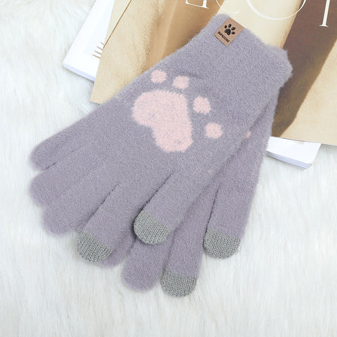 Autumn And Winter Contrast Color Cute Plus Velvet Knitted Gloves Women
