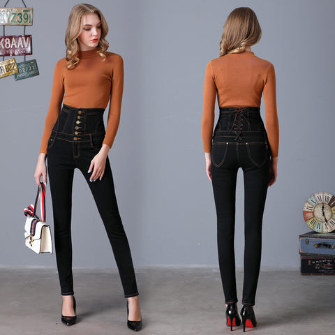 2021 spring new black high waist large size pants Pants small feet jeans slim jeans long pants