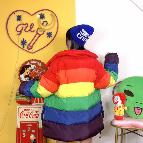 Rainbow contrast color thick long-sleeved cotton coat women's jacket