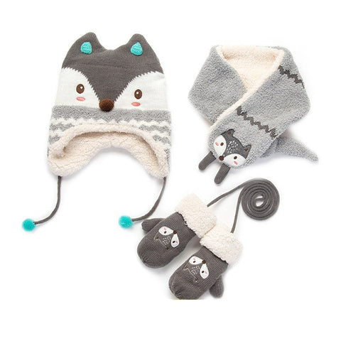 Autumn Winter Children Plus Velvet Hat Scarf Set Baby Lovely Cartoon Fox Print Knitted Hat Kids Collar Boy Girl Neck Warmer