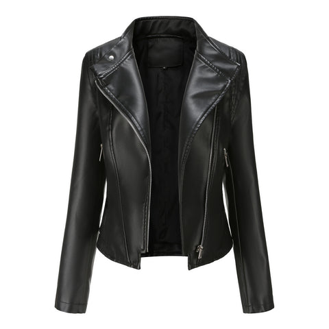 Faux Pu Leather Jackets Women Spring Autumn Outerwear Pocket Zipper Coat Slim Fitted Jacket  Black Femme Clothing