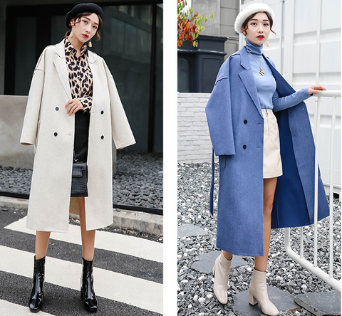 Double-breasted simple temperament solid color wild long woolen coat