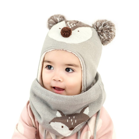 Autumn Winter Children Plus Velvet Hat Scarf Set Baby Lovely Cartoon Fox Print Knitted Hat Kids Collar Boy Girl Neck Warmer