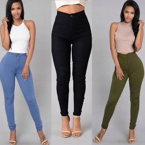 Casual Denim Pants For Women High Waist Stretch Slim Trouser Skinny Candy Color Jeans