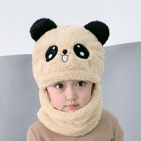 Autumn And Winter Cute Panda Head Hat Children Cartoon Scarf Hat Two-piece Double Fleece Warmth Boy Girl Child Parent-child Baby Hat