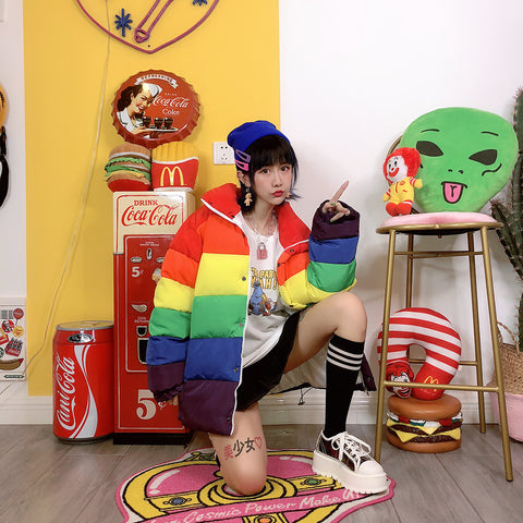 Rainbow contrast color thick long-sleeved cotton coat women's jacket