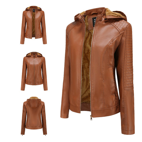Winter PU Leather Jacket Women 2022 Hooded Fur Lining Coat Female Slim Women's Leather Jacket Motorcycle Hoodies Jacket