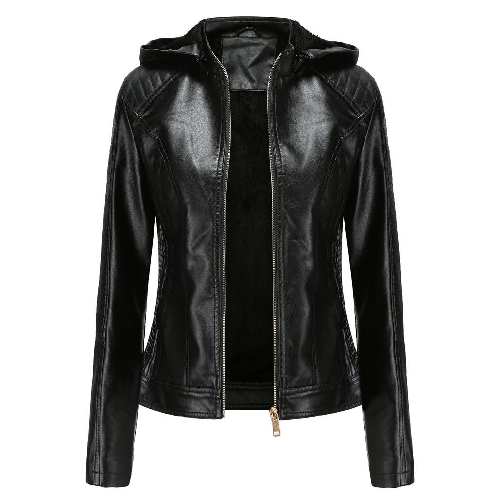 Winter PU Leather Jacket Women 2022 Hooded Fur Lining Coat Female Slim Women's Leather Jacket Motorcycle Hoodies Jacket