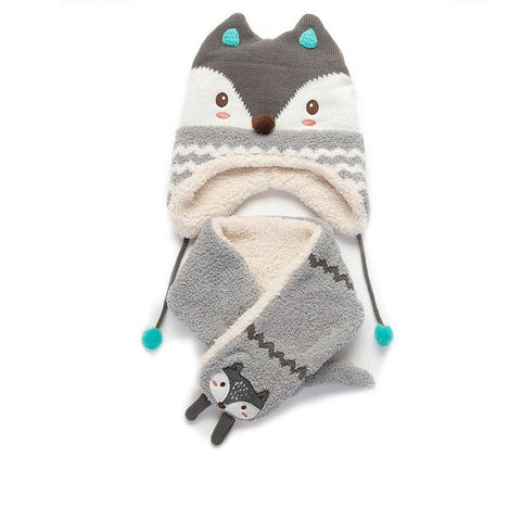 Autumn Winter Children Plus Velvet Hat Scarf Set Baby Lovely Cartoon Fox Print Knitted Hat Kids Collar Boy Girl Neck Warmer