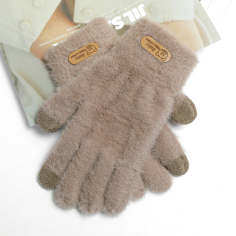 Autumn And Winter Contrast Color Cute Plus Velvet Knitted Gloves Women