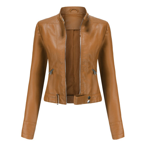 Spring Autumn PU Leather Jacket Women High Street Solid Slim Faxu Leather Coats Elegant Moto Biker Jackets Female Outerwear
