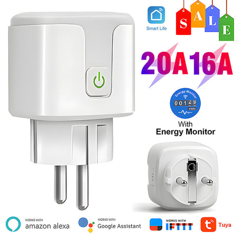 Tuya WiFi Bluetooth Smart Plug 16A 20A EU Smart Socket With Power Monitoring Timing Function Voice Control Via Alexa Google Home Yandex