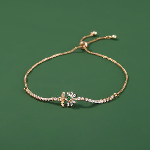 Copper Bee Chrysanthemum Gold Plated White Zircon Adjustable Pull Bracelet