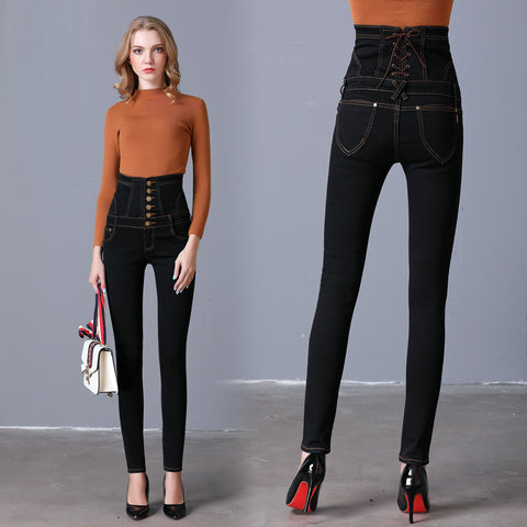 2021 spring new black high waist large size pants Pants small feet jeans slim jeans long pants