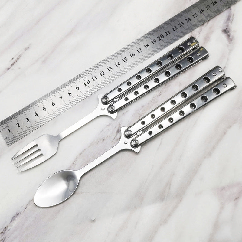 Butterfly Cutlery Knife Folding Spoon Fork Balisong Training Spoon Fork Butterfly Knife Trainer Outdoor Camping Tableware Kitchen Tool