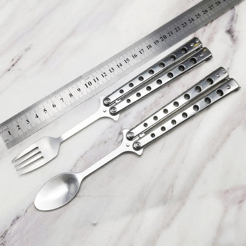 Butterfly Cutlery Knife Folding Spoon Fork Balisong Training Spoon Fork Butterfly Knife Trainer Outdoor Camping Tableware Kitchen Tool