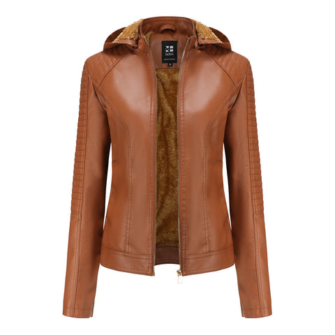 Winter PU Leather Jacket Women 2022 Hooded Fur Lining Coat Female Slim Women's Leather Jacket Motorcycle Hoodies Jacket