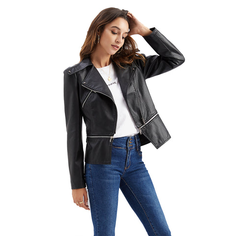 Spring Autumn Leather Jacket Women Slim Fit Motor Biker PU Leather Short Coat Ladies Zipper Outerwear